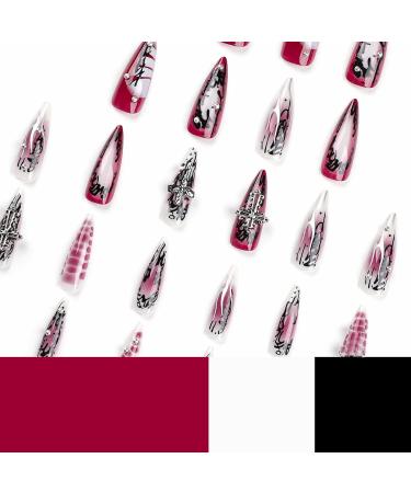 MISUD Long Stiletto Press on Nails - Gothic Red Black Ombre Acrylic Fake Nails - 24 Pcs Glossy Chrome Swirl Design - International Shipping Available - Buy Online on GoSupps.com
