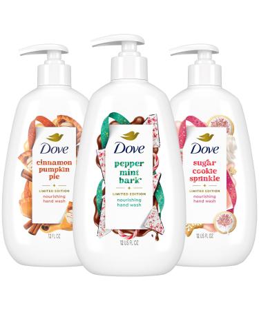 Dove Hand Soap Holiday Treats Variety 3-Pack Cinnamon Pumpkin Pie Peppermint Bark & Sugar Cookie Sprinkle Gifts for Women 12 Fl Oz Ea
