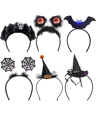 ATDAWN 6 Pack Halloween Headbands Witch Hat Headbands Eyeball Boppers LED Flashing Eyes Headbands Spider Web Headbands Rose Floral Crown Skull Headbands Halloween Costume Cosplay Party Headbands