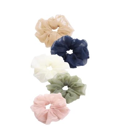 Daisy Del Sol 5 Pack Assorted Sheer Organza Earthy Pastel Solid Color Ponytail Holder Hair Scrunchies