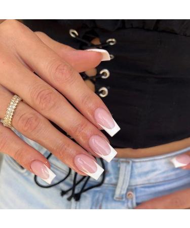 Coffin False Nails Long 24Pcs French Fake Nails Ballet Press on Nails Nude Pink French Nail Tips with Glue Full Cover Stick on Nails for Women Girls Nails Art French Medium Long
