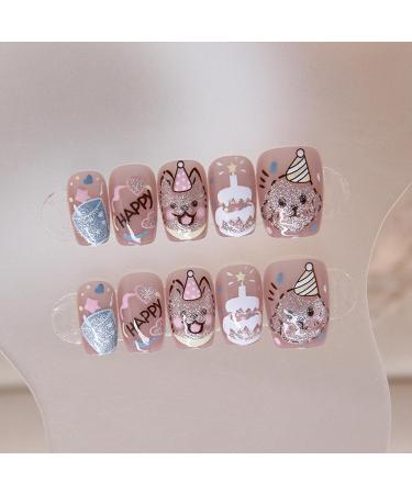 30Pcs Cartoon Puppy Press-On Nails - Cute Gel Glue-on Short Square False Nails for Women & Girls - DIY Manicure - Happy Birthday Design - Buy Online on GoSupps.com