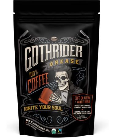 GothRider Grease Whole Bean Coffee (12 oz) - USDA FairTrade and COR Certified Organic Coffee Beans Slow-Roasted Coffee Beans Neapolitan Blend Dark Roast Whole Bean Coffee