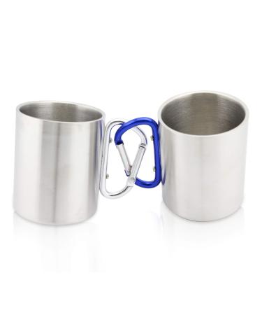 Finex 2pcs set 11oz 300ml Large Stainless Steel Portable Travel Water Tea Coffee Mug with D-Ring Carabiner Hook as Handle for Outdoor Sports Camping Hiking Climbing Home Office Adults & Kids - Large