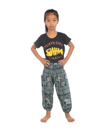 Lofbaz Children Hippy Thai Harem Aladdin Pirate Kids Pants Bohemian Baggy Colorful 8-9 Years Elephant Teal Green