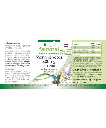 Fairvital | Chaste Tree Extract 200mg - Vitex Agnus Castus + Zinc - Highly Dosed - VEGAN - 90 Capsules - Menopause - Buy Online on GoSupps.com
