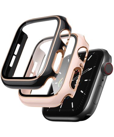 Lovrug 2 Pack Cases Compatible with Apple Watch Case 40mm SE/Series 6/5/4 Built in Tempered Glass Screen Protector Ultra-Thin Bumper Full Coverage iWatch Protective Cover for Women Men (Pink/Black) 40mm PinkRoseglod/BlackRoseglod