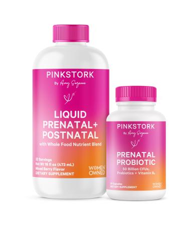 Pink Stork Liquid Prenatal Gut Health Bundle - Liquid Prenatal Vitamins and 50 Billion CFUs Probiotic Vitamins for Pregnancy Gut Health Immune Support Pregnancy Must Haves