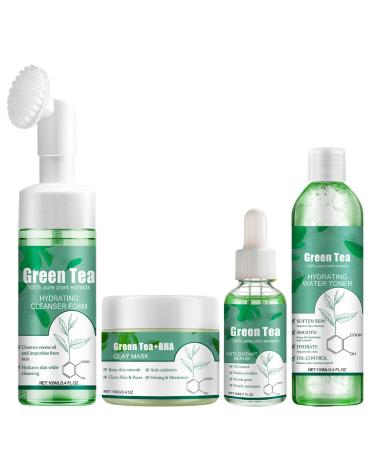 Green Tea Skin Care Set 4-In-1 Skin Care Routine Kit for Women Antioxidat & Anti-Aging Calm & Soothe Skin Cleaning Grease Facial Care Kit with Face Cream Serum Cleanser Mud Mask