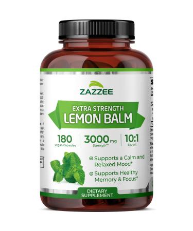 Zazzee Organic Lemon Balm 10:1 Extract 3000 mg Strength per Capsule 180 Vegan Capsules 6 Month Supply Standardized and Concentrated 10X Extract 100% Vegetarian All-Natural and Non-GMO
