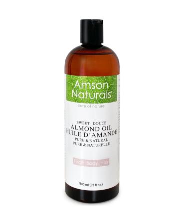Sweet Almond Oil 32 oz / 946ml (Large Bottle) by Amson Naturals -Pure & Natural for Skin Hair Face Body Massage Cold Pressed carrier oil for essential oils. Huile d'amande douce.