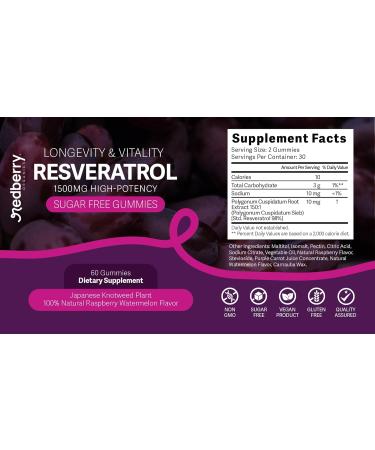 Redberry Organics Resveratrol Supplement 1500mg Gummies | 98% Pure Japanese Knotweed | Resveratrol Organic Ingredients Sugar-Free Gluten Free | Daily Longevity & Healthy Aging Supplement - Buy Online on GoSupps.com