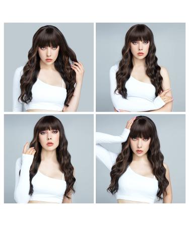 ENTRANCED STYLES Dark Brown Wig with Bangs â€“ Long Wavy Synthetic Wig with Blonde Highlights for Women | Heat Resistant & Natural Look - Buy Online on GoSupps.com