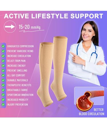 Cerpite Compression Stockings with Zipper - 2 Pairs Open Toe 15-20 mmHg for Men & Women - Black/Nude - Ideal for Comfort & Support - Buy Online on GoSupps.com