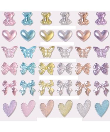 Heart Nail Charms 300PCS Mixed Bear Butterfly Bowknot Bow Nail Gem Pearlescent Color Resin Nail Art Decorations Accessories for Women Girls DIY Nail Design