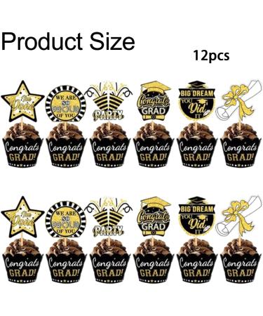 12Pcs Graduation Cupcake Toppers Black and Gold Graduation Theme Party Cake Decorations 2024 Grad Cap Cupcake Graduation Party Supplies - Buy Online on GoSupps.com