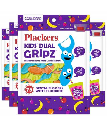 Plackers Kids Dual Gripz Flossers with Fluoride, Grip Me Handle, Fruit Smoothie Swirl Flavor, BPA Free, Colorful Floss Picks for Kids of All Ages, 75 Count (Pack of 4) Plackers Kids Pack of 4