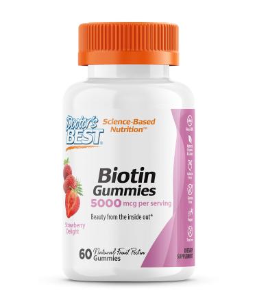 Doctor's Best High Potency Biotin Gummies, 5000 mcgper Serving, 60 Ct, Chewable Beauty Supplement for Healthy Hair, Skin & Nails, Non-GMO, Natural Fruit Pectin, Vegan