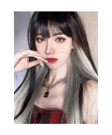 Kaneles Long Straight Black Mix Grey Wig With Bangs Heat Resistant Synthetic Hair Wig for Women