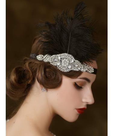 SWEETV 1920s Flapper Headband - Rhinestone Feather Great Gatsby Hair Accessories (Black) - Buy Online on GoSupps.com