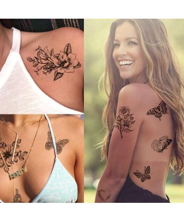 6 Sheets Tazimi Black Flower Butterfly Temporary Tattoos for Women - Waterproof, Long Lasting, Realistic Fake Tattoos for Arm, Legs, Chest - Body Art Sketch Stickers - Buy Online on GoSupps.com