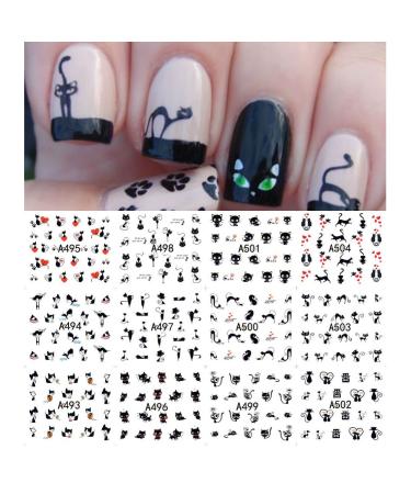 AKOAK 12 Sheets Cute Cat Pattern Watermark Designs Nail Art Stickers Water Transfer Decals Beauty Nails for Nail Art Design