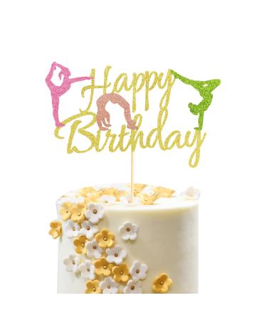 Arthsdite Gymnastics Cake Topper Gymnast Cake Pick for Gymnastics Theme Baby Girl Happy Birthday Party Decorations - Gold Glitter