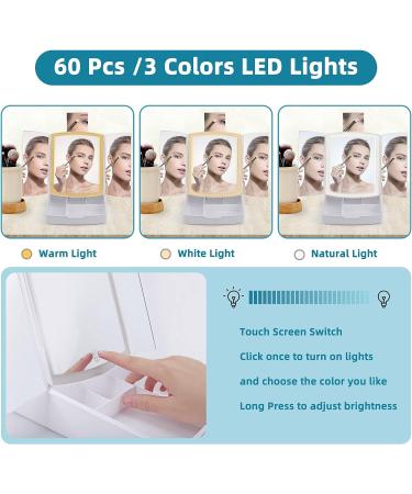 Lighted Makeup Mirror 1X/5X Magnification with 60 LED Touch Screen Dimming - Portable Tri-Fold Cosmetic Vanity Mirror - 3 Color LED - 180 Rotation - Dual Power Supply (White) - Buy Online on GoSupps.com