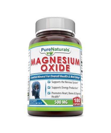 Pure Naturals Magnesium Oxide Supplement - 500 mg 180 Capsules- Supports Nervous System* -Supports Nervous Production* -Promotes Heart Bone & Digestive Health* - Buy Online on GoSupps.com