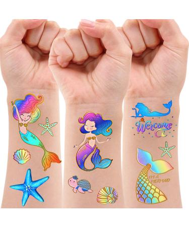 Mermaid Party Supplies Temporary Tattoos for Kids - Glitter Mermaid Birthday Party Favors  Mermaid Tail Decorations + Halloween Easter Makeup ( 6 Sheet )