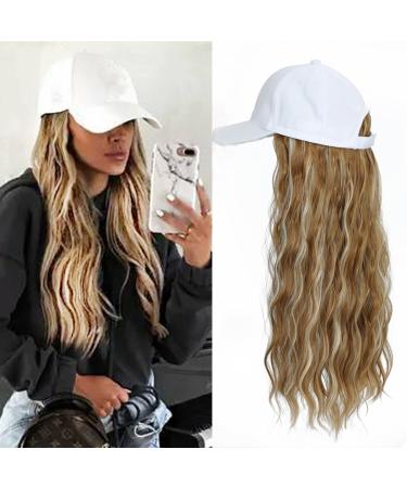 Yunkang Baseball Cap Wig Long Natural Wavy Hair Extensions With White Hat Heat Resistant Synthetic Fiber Hairpieces Adjustable Wig for Women Girls (W-M Blonde honey blonde)