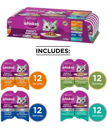 WHISKAS Perfect Portions Wet Cat Food Pat and Cuts in Gravy - Chicken - Chicken & Liver - Tuna - Salmon - 75g (24 Pack) - Buy Online on GoSupps.com