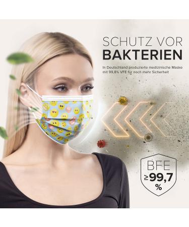 German-Made 100 Piece Disposable Face Masks | Type IIR & CE Certified | Triple Layer Filtration | Elastic Earloops | Smiley Design - Buy Online on GoSupps.com