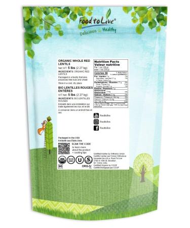 Organic Sproutable Whole Red Lentils 5lb - Non-GMO, Vegan & Kosher - High Protein & Fiber - Ideal for Soups, Stews & Curries - Buy Online on GoSupps.com