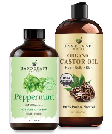 Handcraft Blends Scalp Invigorating Set: Organic Castor Oil (16 Fl Oz) and Peppermint Essential Oil (4 Fl Oz) 100% Pure & Natural for Scalp Massage and Hair Nourishment