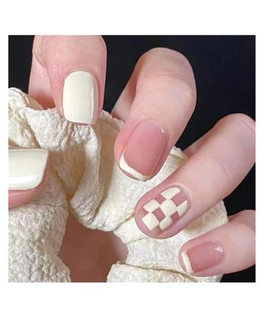 24pcs Short Square False Nails - Pink White Lattice Classic Artificial Fake Nails | Shop Now! - Buy Online on GoSupps.com