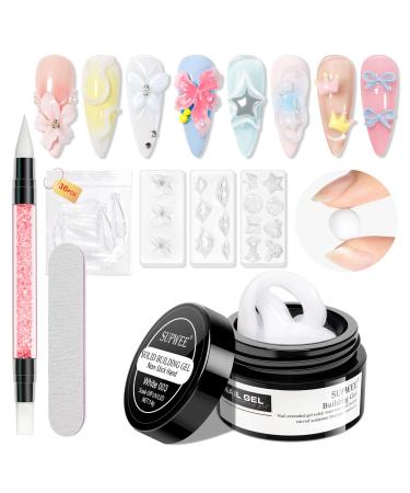 SUPWEE 3D Nail Gel - 14g - Non-Adhesive Solid Builder Gel - With Nail Brush - Embossed Pattern - Salon Hard - DIY at Home - White