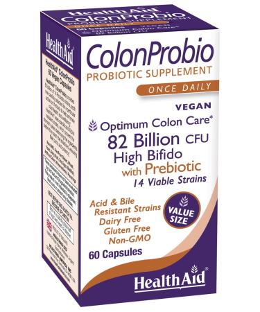 HealthAid ColonProbio 82 Billion with Prebiotic 14 Strains Once Daily 60ct Optimum Colon Care Acid & Bile Resistant Dairy Free Gluten Free Non-GMO High Bifido