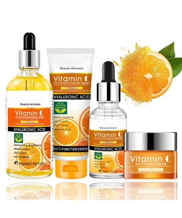 Vitamin C Skin Care Kit 4-Pack VC Skin Care Set Including Face Wash Toner Face-Serum & Face Cream Skincare Gift Set For Teen Girls Moisturizing Skincare Set