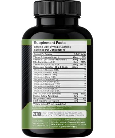 Gade Nutrition Magnesium Complex 10 in 1 with Magnesium Glycinate Citrate Malate Oxide Taurate Aspartate Gluconate Ascorbate Lactate Carbonate Zinc Copper Manganese & Vitamin C B1 B2 B6 - Buy Online on GoSupps.com