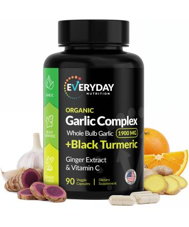 4-in-1 Organic Odorless Garlic 1900mg with Black Turmeric Ginger & Vitamin C | Immune Heart*& Joint Support* | Natural Antioxidant & Energy Booster | Made in USA