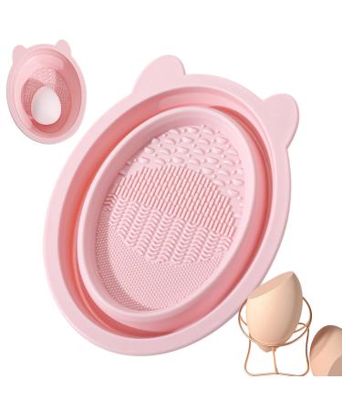 Makeup Brush Cleaner Bowl - Bear Ears Collapsible Silicone Cleaner Mat | Small Washing Tool for Art Brushes Portable Cleaner Pad for Makeup Sponge Dudok pink color