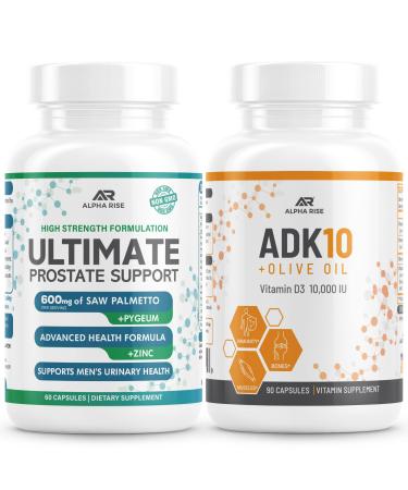 ALPHA RISE Best Over-The-Counter Prostate Support - Prostate Health Supplement for Men (60 Capsules) + ADK 10 Vitamin Supplement + Olive Oil for Better Absorption (90 Vegetarian Capsules)
