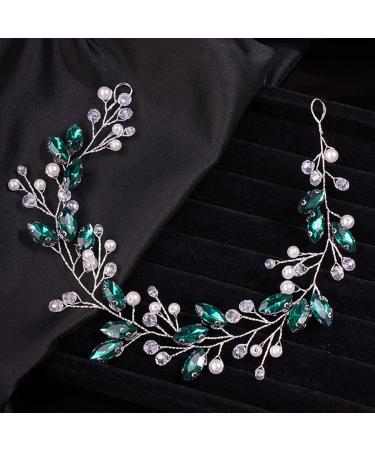 Handmade Teyglen Green Rhinestone Pearls Crystal Long Headband for Bridal, Wedding Hair Accessories - Silver Crystal Headband for Women and Girls - Buy Online on GoSupps.com