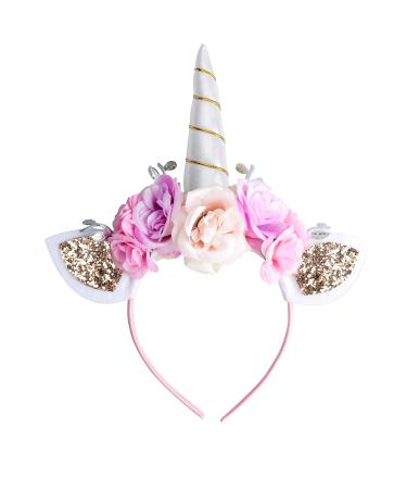Unicorn Headband for Women White Headband with Ears and Flowers for Halloween Christmas Birthday Party