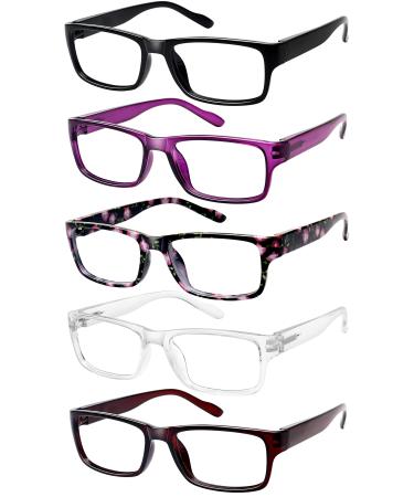 5 Pack Reading Glasses for Women Men with Spring Hinge Blue Light Blocking Clear Lens Computer Readers Black+clear+purple+brown+floral 1.5 x