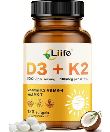LIIFE Vitamin D3 K2(MK7+MK4) Supplement 5000IU with Organic Extra Virgin Coconut Oil - Supports Calcium Absorption Bone & Immune Health- Non-GMO 120 Softgels 120 Softgels(Pack of 1)