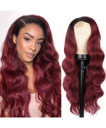 Ombre Wine Red Wig Long Wavy Burgundy Wig Long Body Wave Wigs for Women Side Part Wig with Dark Roots Synthetic Heat Resistant Fiber Wigs for Daily Part Use 26''