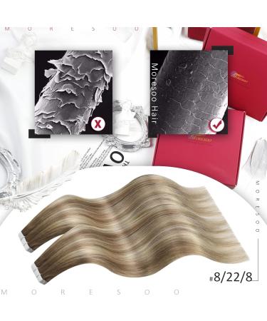 Moresoo Light Brown Ombre Golden Blonde 14 Inch Tape in Hair Extensions - 100% Human Hair - Double Sided Tape Ins - 50G/20Pcs - #8/22/8 - Buy Online on GoSupps.com