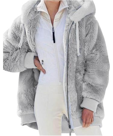 Ronony Teddy Mantel Women's Long Plush Jacket - Stylish Winter Coat with Zip Hoodie Fleece Teddy Jacket in Gray - Perfect for Cold Weather - Buy Online on GoSupps.com